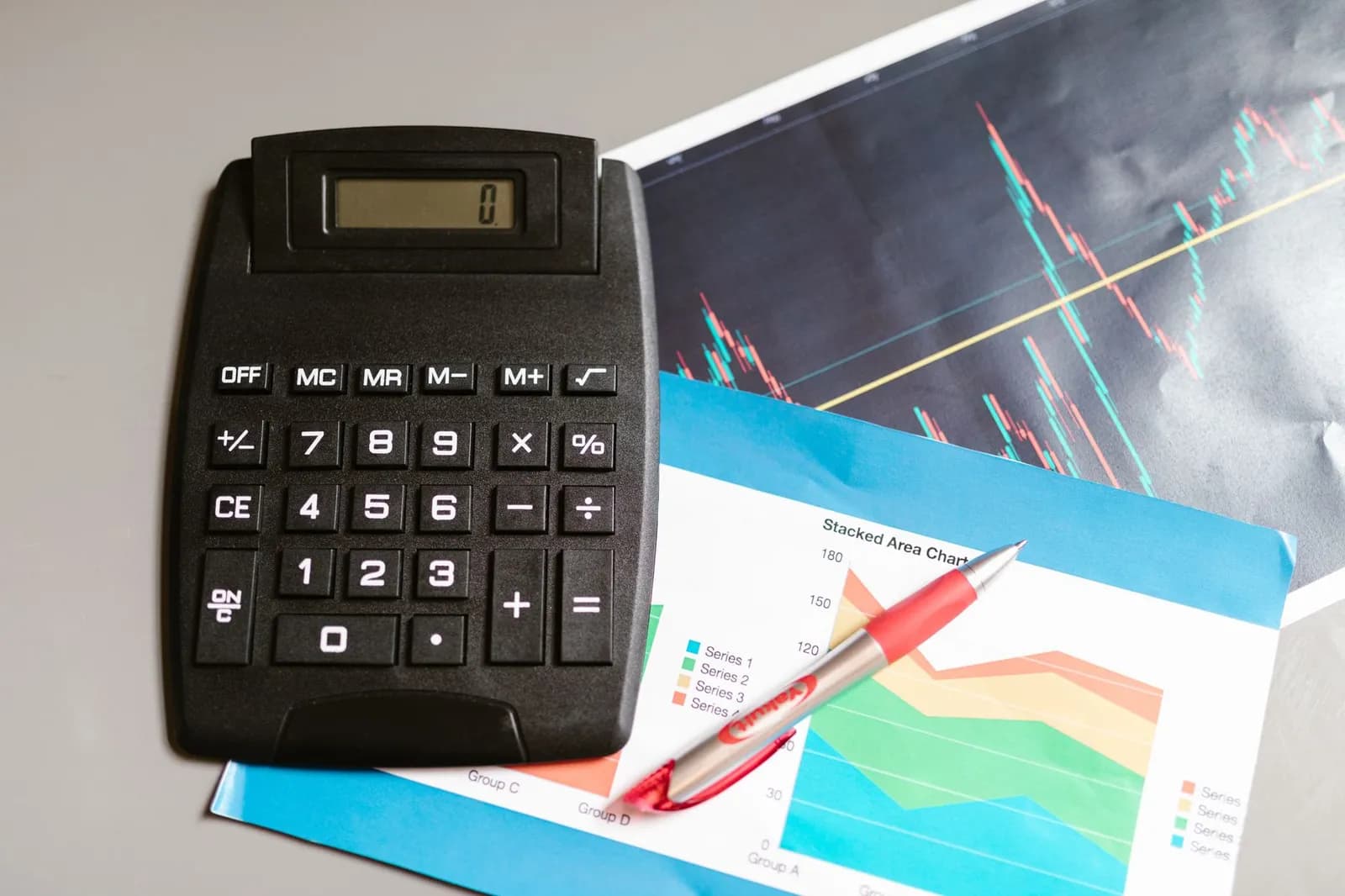 Financial analysis and planning tools with graphs and calculator on a table.