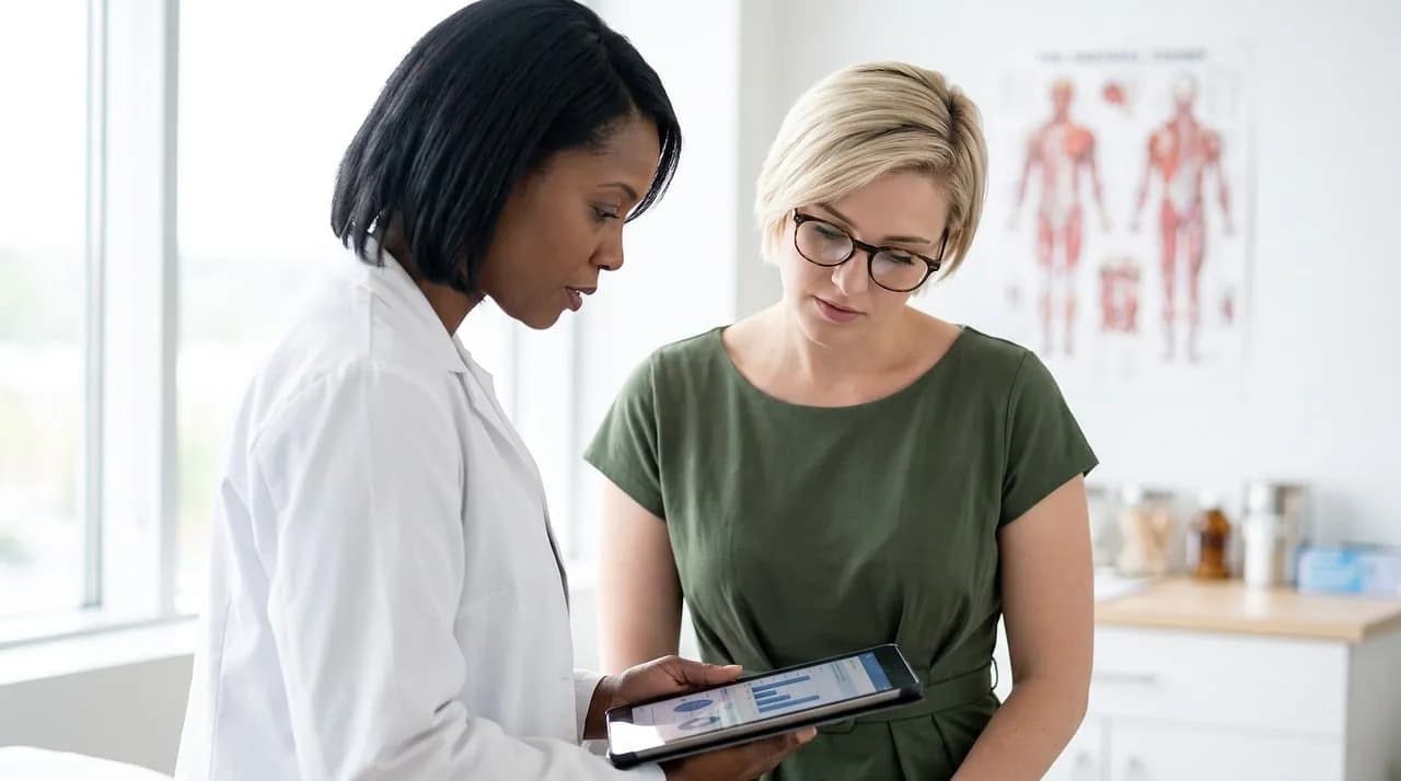 Healthcare AI marketing: a doctor speaking with a patient in a clinic