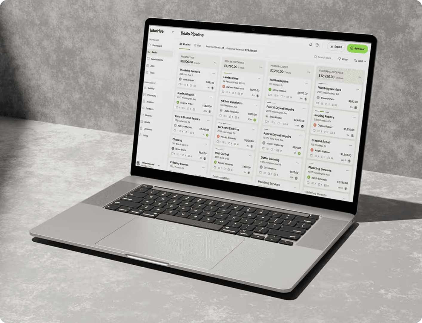 Automated CRM deals pipeline on a laptop