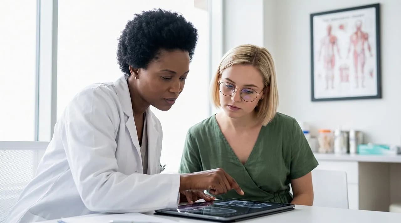 Health tech startup ideas: a doctor reviewing patient information on a tablet in a clinic