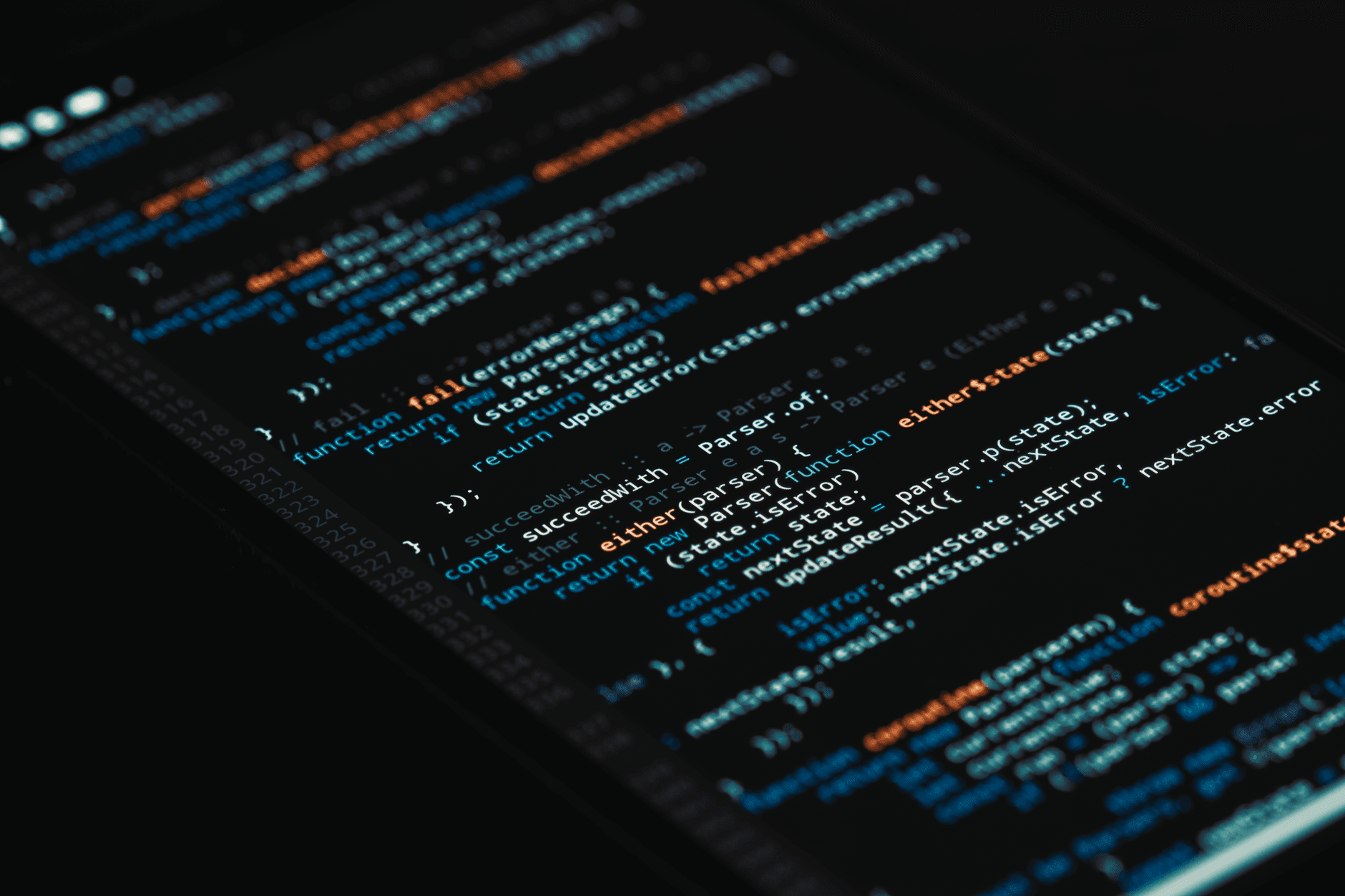 A detailed view of computer programming code on a screen, showcasing software development.