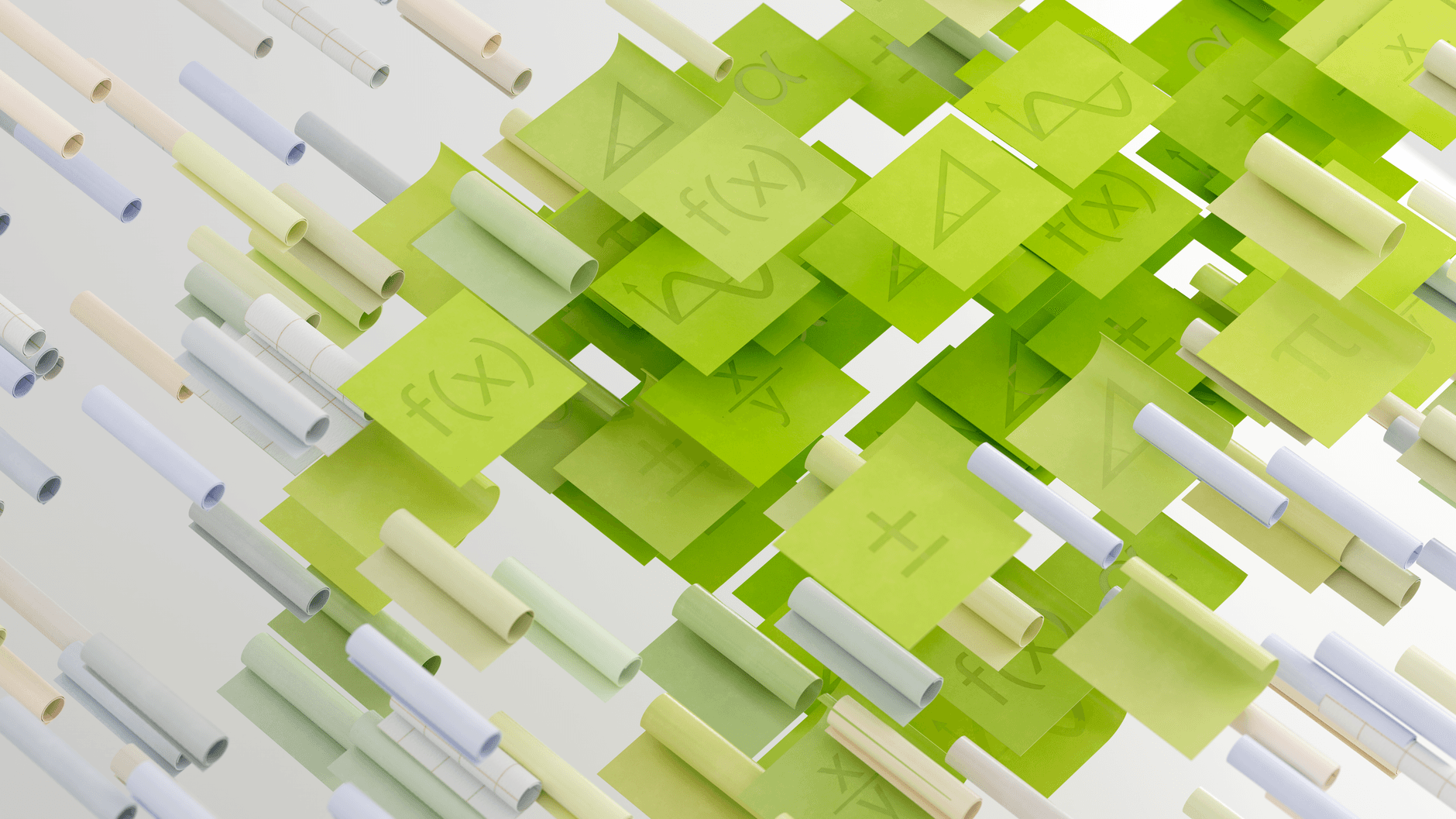 Dynamic abstract image with mathematical symbols on floating papers, vibrant and conceptual.