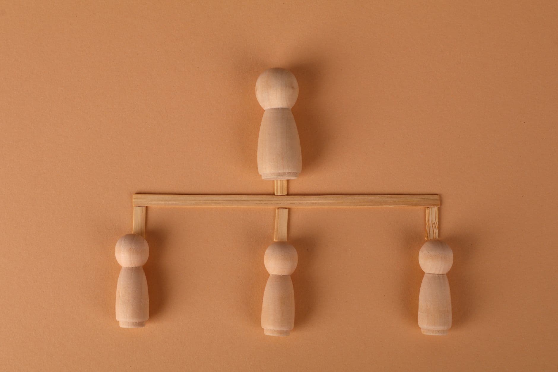 Minimalist wooden peg dolls arranged in a family tree or business hierarchy structure on a brown background.