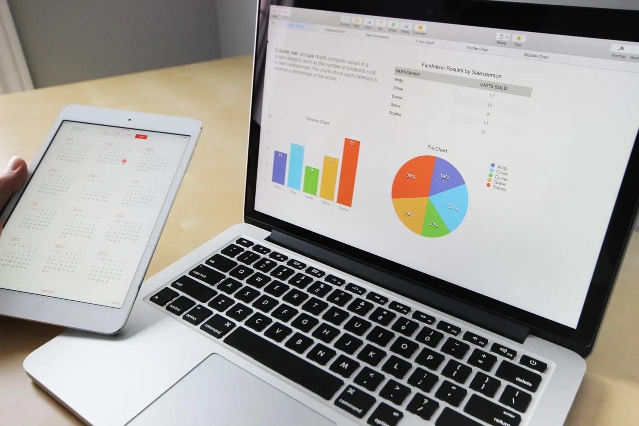 Laptop displaying charts and graphs next to a notebook, ideal for business and tech themes.