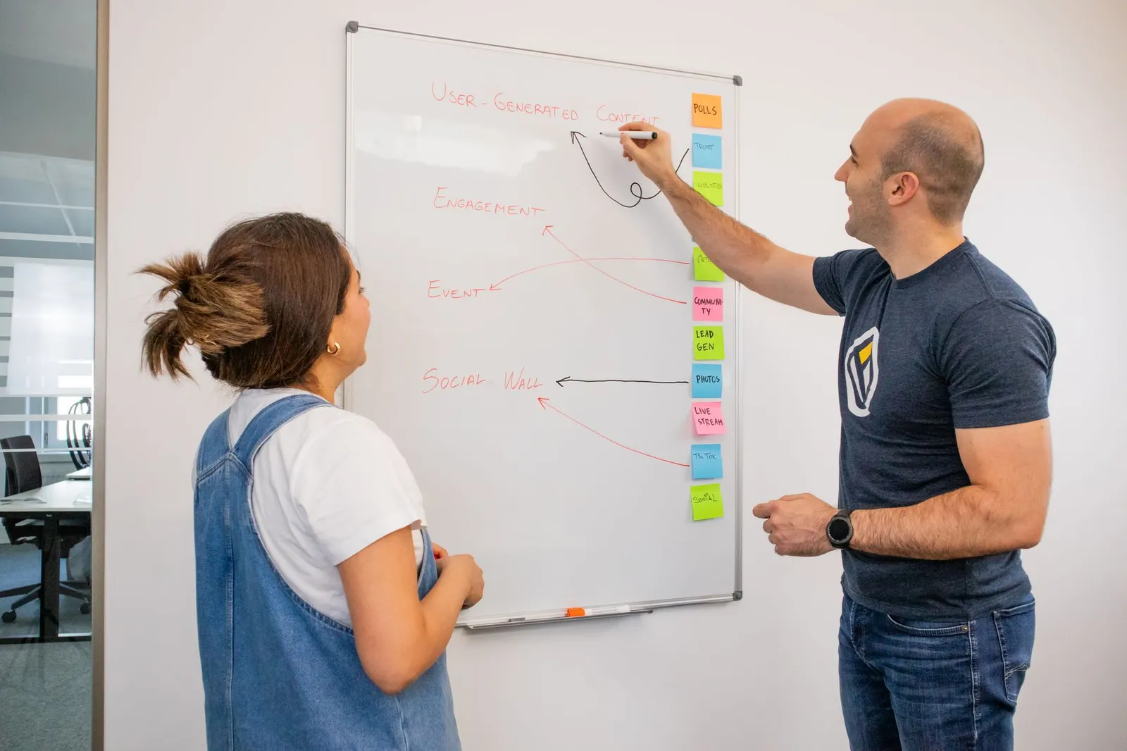 Two people collaboratively planning on a whiteboard with creative strategy.
