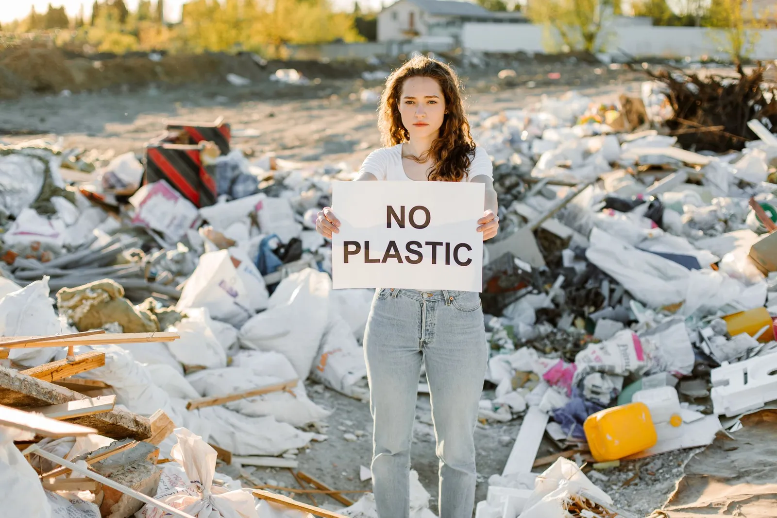 A young woman holds a sign saying 'No Plastic' in a junkyard to support environmental awareness.