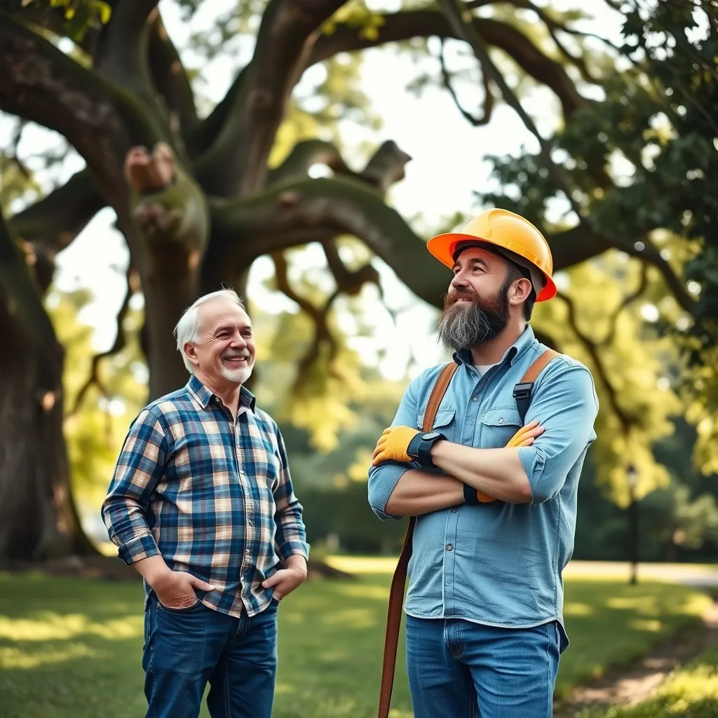 Tree service reviews start with a happy customer talking to the crew after a job